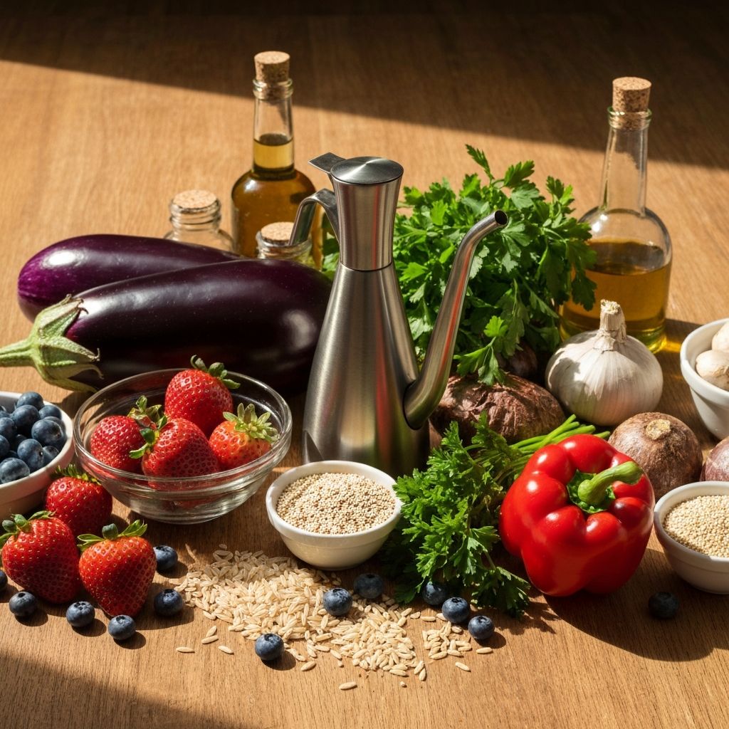 Diverse fresh foods including vegetables, fruits, and whole grains